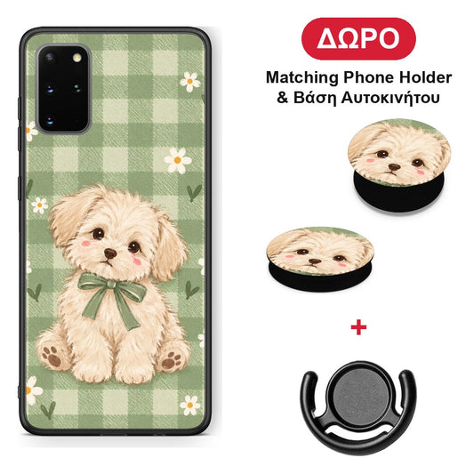 Puppy and Daisies on Sage Gingham - Samsung Galaxy S20+ θήκη + Δώρο Phone Holder & Βάση Αυτοκινήτου