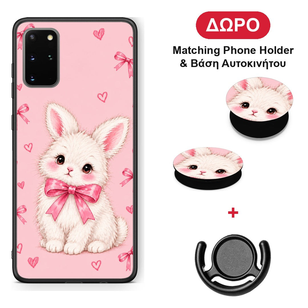 White Bunny and Pink Bows - Samsung Galaxy S20+ θήκη + Δώρο Phone Holder & Βάση Αυτοκινήτου