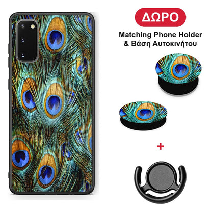 Real Peacock Feathers - Samsung Galaxy S20 θήκη + Δώρο Phone Holder & Βάση Αυτοκινήτου