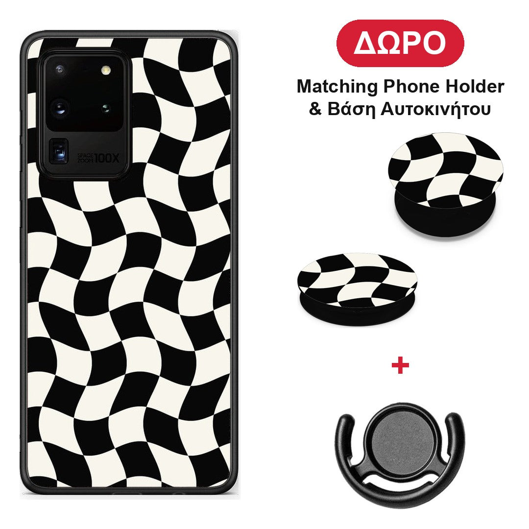 Black and Cream Wavy Checkerboard - Samsung Galaxy S20 Ultra θήκη + Δώρο Phone Holder & Βάση Αυτοκινήτου