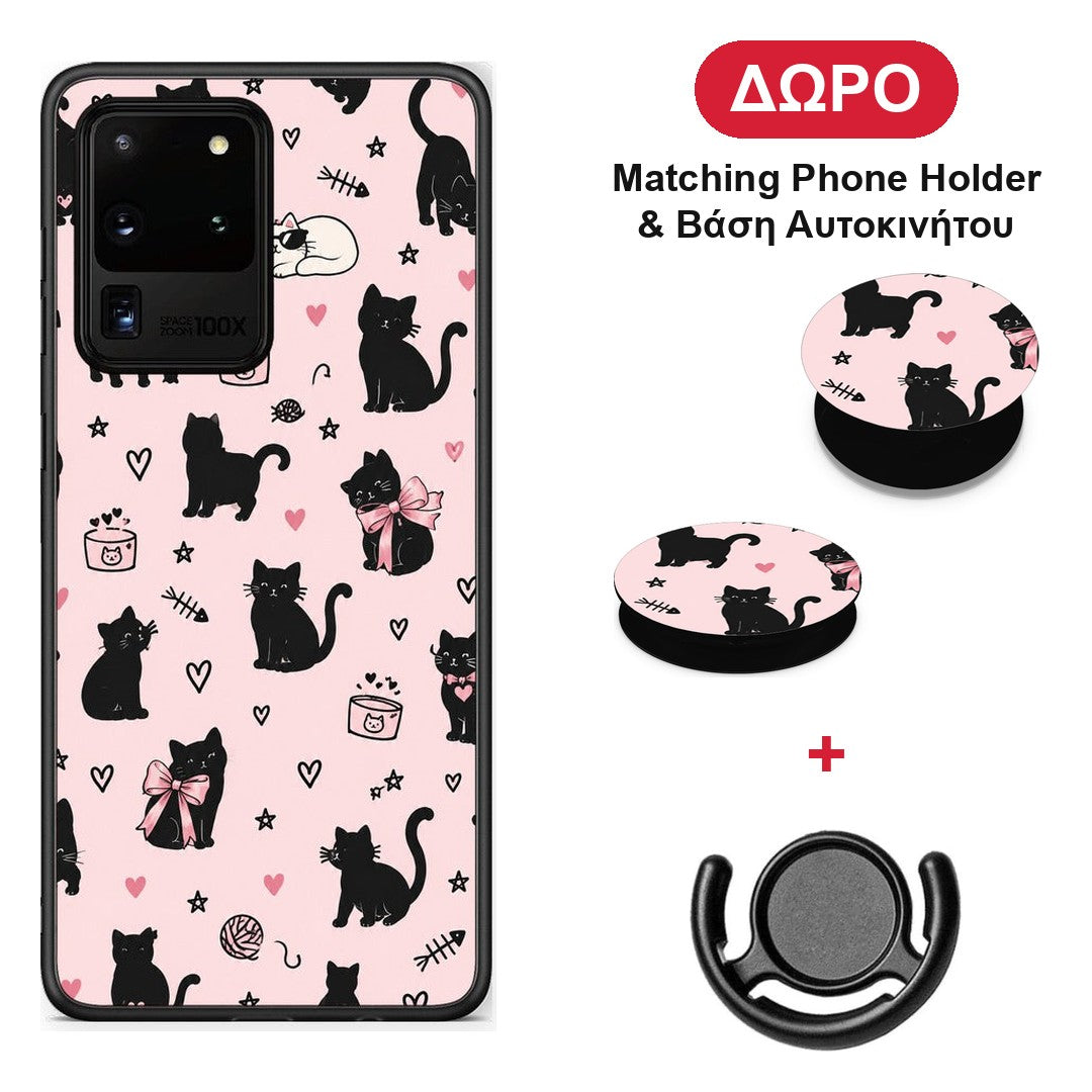 Black Cat Doodles on Pink - Samsung Galaxy S20 Ultra θήκη + Δώρο Phone Holder & Βάση Αυτοκινήτου
