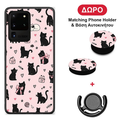 Black Cat Doodles on Pink - Samsung Galaxy S20 Ultra θήκη + Δώρο Phone Holder & Βάση Αυτοκινήτου