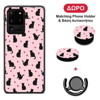 Black Cat Silhouettes and Hearts on Pink - Samsung Galaxy S20 Ultra θήκη + Δώρο Phone Holder & Βάση Αυτοκινήτου