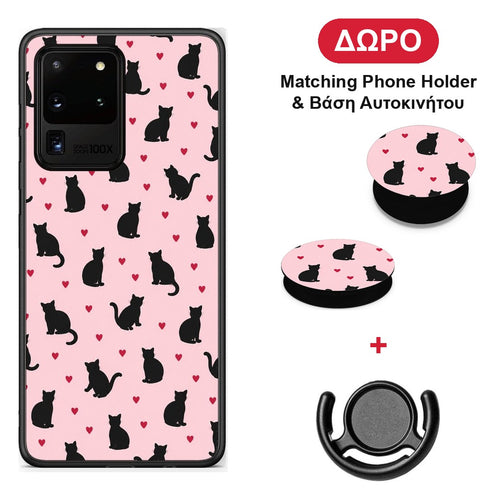 Black Cat Silhouettes and Hearts on Pink - Samsung Galaxy S20 Ultra θήκη + Δώρο Phone Holder & Βάση Αυτοκινήτου