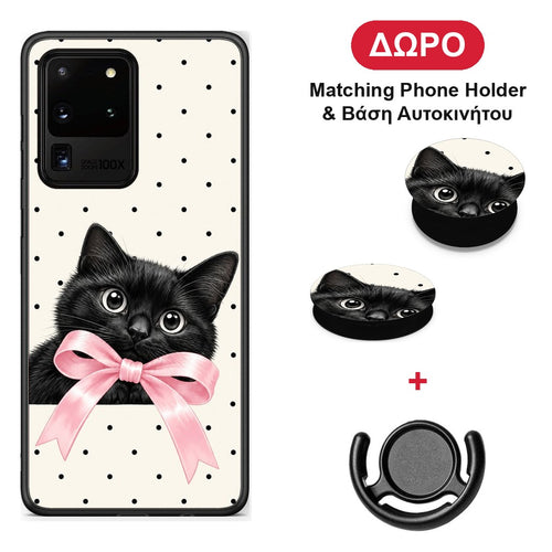 Black Kitten Pink Bow and Polka Dots - Samsung Galaxy S20 Ultra θήκη + Δώρο Phone Holder & Βάση Αυτοκινήτου