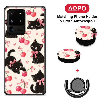 Black Kittens and Cherries on Cream - Samsung Galaxy S20 Ultra θήκη + Δώρο Phone Holder & Βάση Αυτοκινήτου