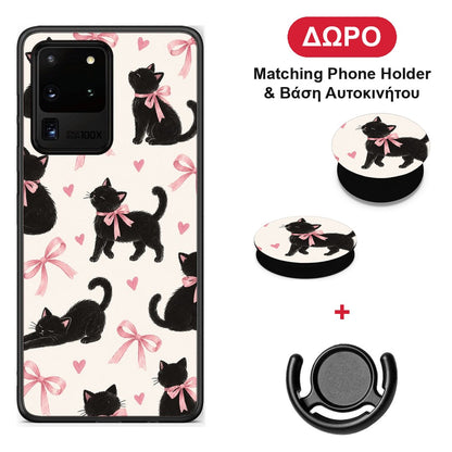 Black Kittens and Pink Bows on Cream Large - Samsung Galaxy S20 Ultra θήκη + Δώρο Phone Holder & Βάση Αυτοκινήτου