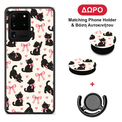 Black Kittens and Pink Bows on Cream Small - Samsung Galaxy S20 Ultra θήκη + Δώρο Phone Holder & Βάση Αυτοκινήτου