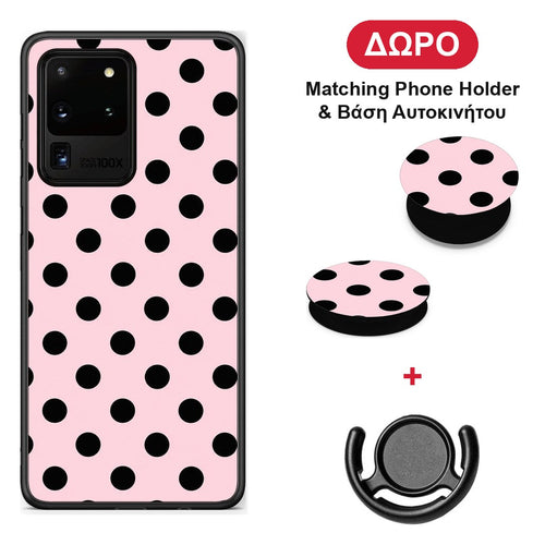 Black Polka Dots on Pink - Samsung Galaxy S20 Ultra θήκη + Δώρο Phone Holder & Βάση Αυτοκινήτου
