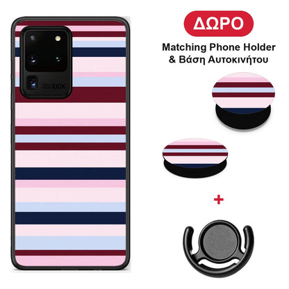 Burgundy Pink and Blue Horizontal Stripes - Samsung Galaxy S20 Ultra θήκη + Δώρο Phone Holder & Βάση Αυτοκινήτου