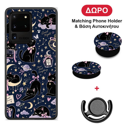Celestial Black Cats on Navy - Samsung Galaxy S20 Ultra θήκη + Δώρο Phone Holder & Βάση Αυτοκινήτου