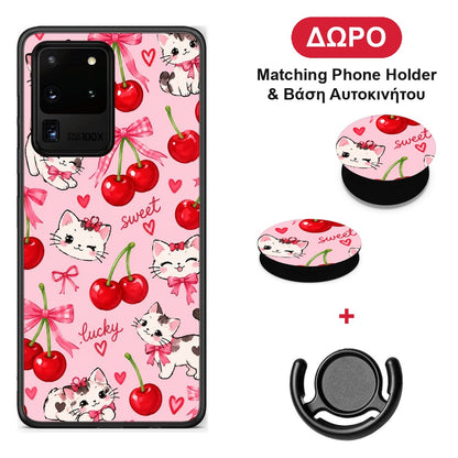 Cherries Bows and Kittens on Pink - Samsung Galaxy S20 Ultra θήκη + Δώρο Phone Holder & Βάση Αυτοκινήτου