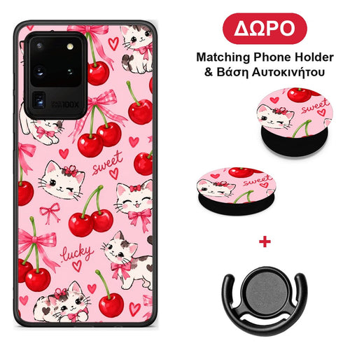 Cherries Bows and Kittens on Pink - Samsung Galaxy S20 Ultra θήκη + Δώρο Phone Holder & Βάση Αυτοκινήτου