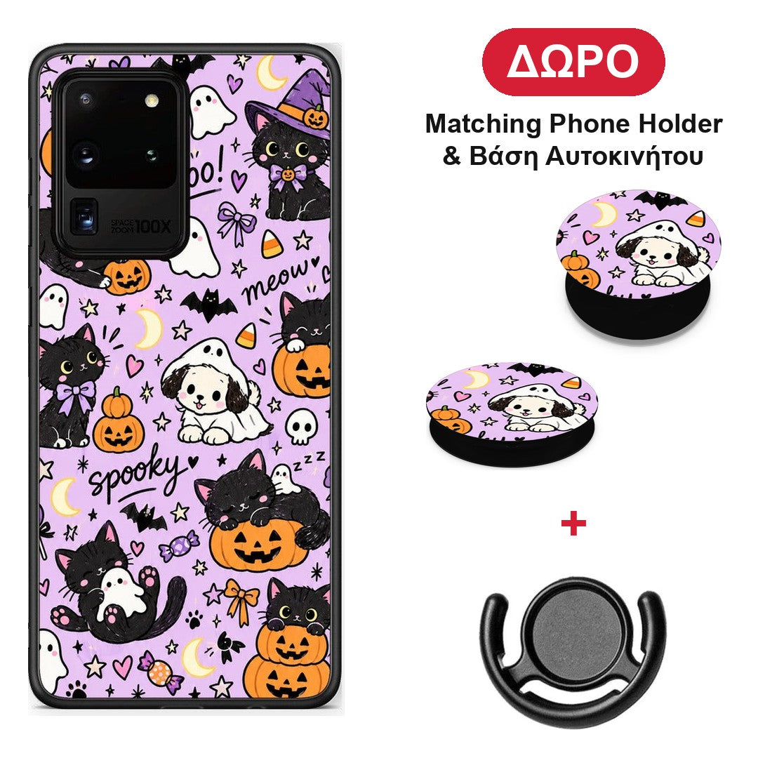 Halloween Black Cats on Lilac - Samsung Galaxy S20 Ultra θήκη + Δώρο Phone Holder & Βάση Αυτοκινήτου