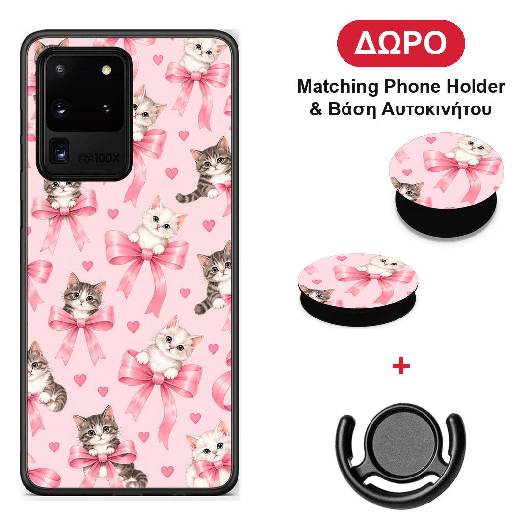 Kittens and Pink Bows on Pink - Samsung Galaxy S20 Ultra θήκη + Δώρο Phone Holder & Βάση Αυτοκινήτου