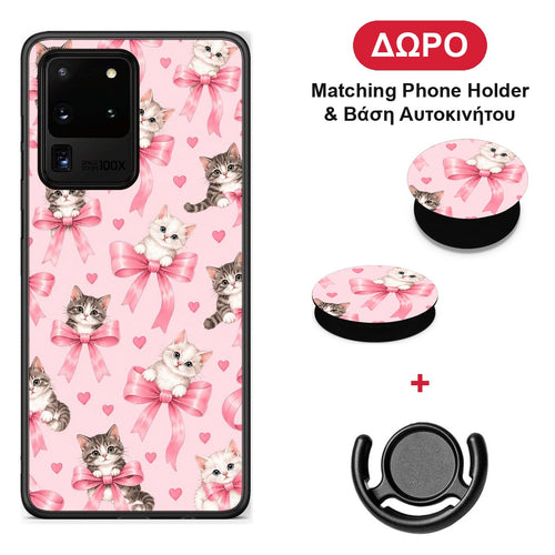 Kittens and Pink Bows on Pink - Samsung Galaxy S20 Ultra θήκη + Δώρο Phone Holder & Βάση Αυτοκινήτου