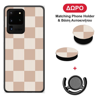 Latte and Cream Striped Checks - Samsung Galaxy S20 Ultra θήκη + Δώρο Phone Holder & Βάση Αυτοκινήτου