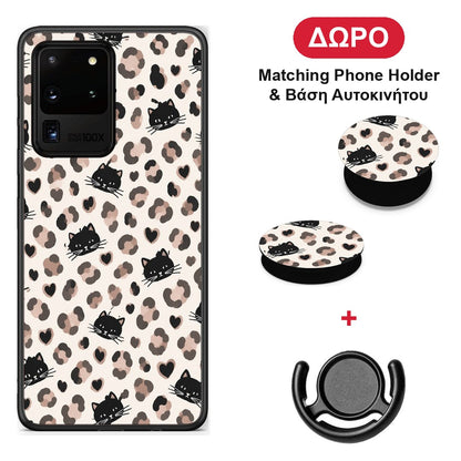 Leopard Spots and Black Cats on Cream - Samsung Galaxy S20 Ultra θήκη + Δώρο Phone Holder & Βάση Αυτοκινήτου