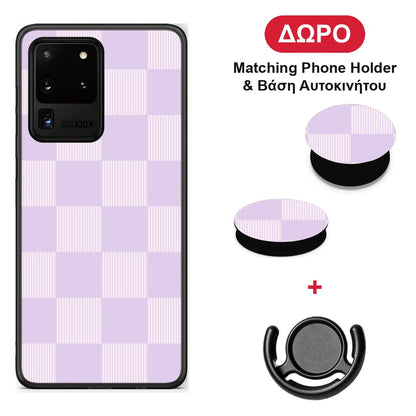 Lilac and Cream Striped Checks - Samsung Galaxy S20 Ultra θήκη + Δώρο Phone Holder & Βάση Αυτοκινήτου