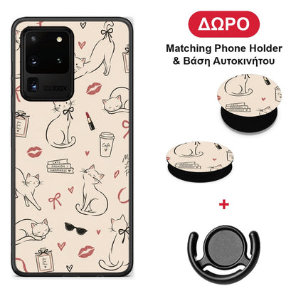 Minimal Cat and Fashion Doodles on Cream - Samsung Galaxy S20 Ultra θήκη + Δώρο Phone Holder & Βάση Αυτοκινήτου