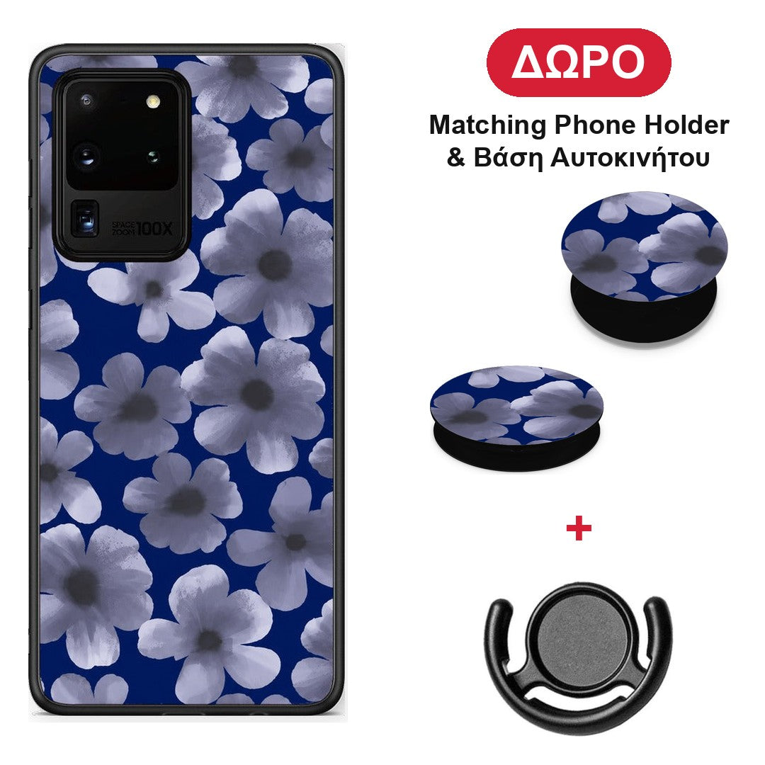 Pale Blue Flowers on Navy - Samsung Galaxy S20 Ultra θήκη + Δώρο Phone Holder & Βάση Αυτοκινήτου