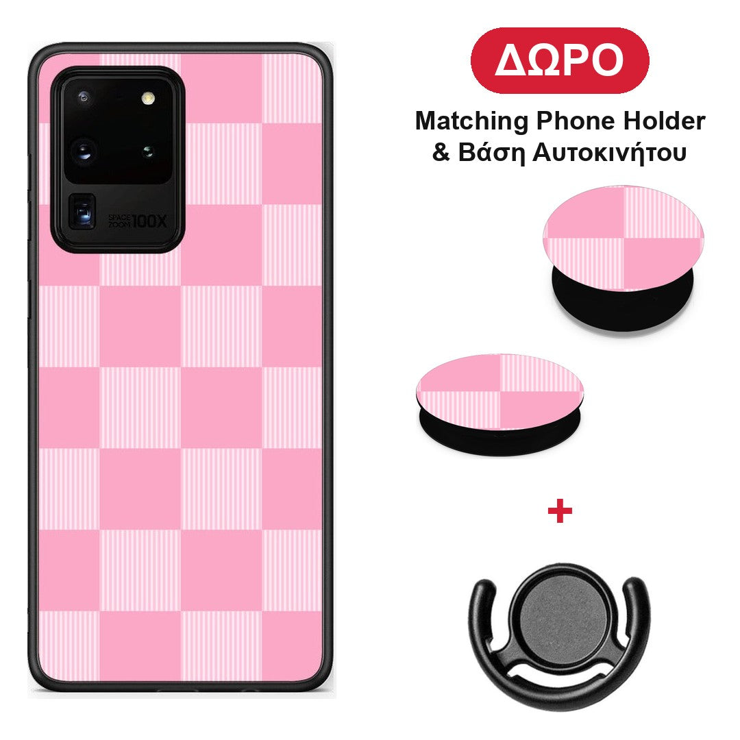 Pink and White Striped Checks - Samsung Galaxy S20 Ultra θήκη + Δώρο Phone Holder & Βάση Αυτοκινήτου