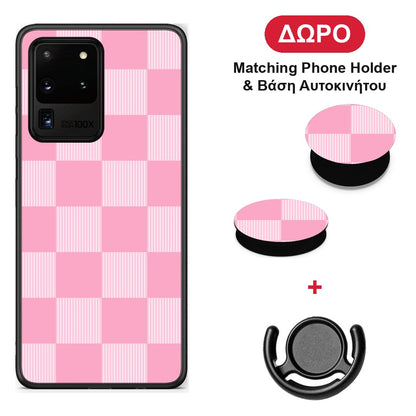 Pink and White Striped Checks - Samsung Galaxy S20 Ultra θήκη + Δώρο Phone Holder & Βάση Αυτοκινήτου