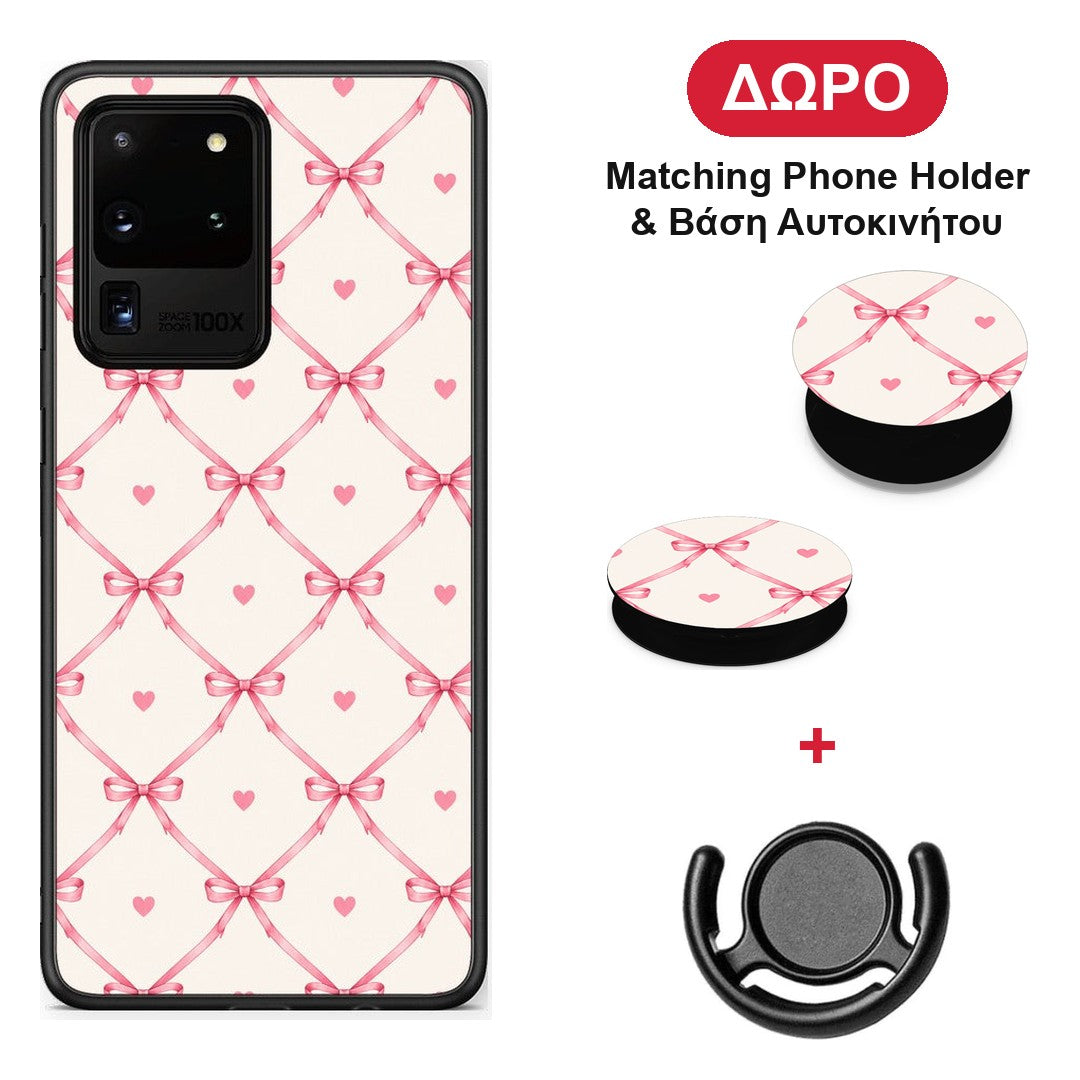 Pink Bow Lattice and Hearts on Cream - Samsung Galaxy S20 Ultra θήκη + Δώρο Phone Holder & Βάση Αυτοκινήτου