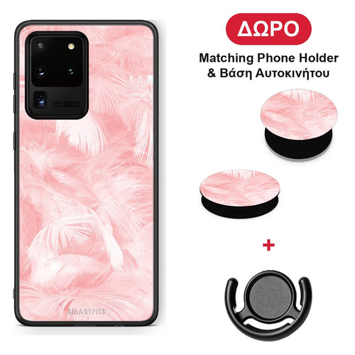 Boho Pink Feather - Samsung Galaxy S20 Ultra θήκη + Δώρο Phone Holder & Βάση Αυτοκινήτου