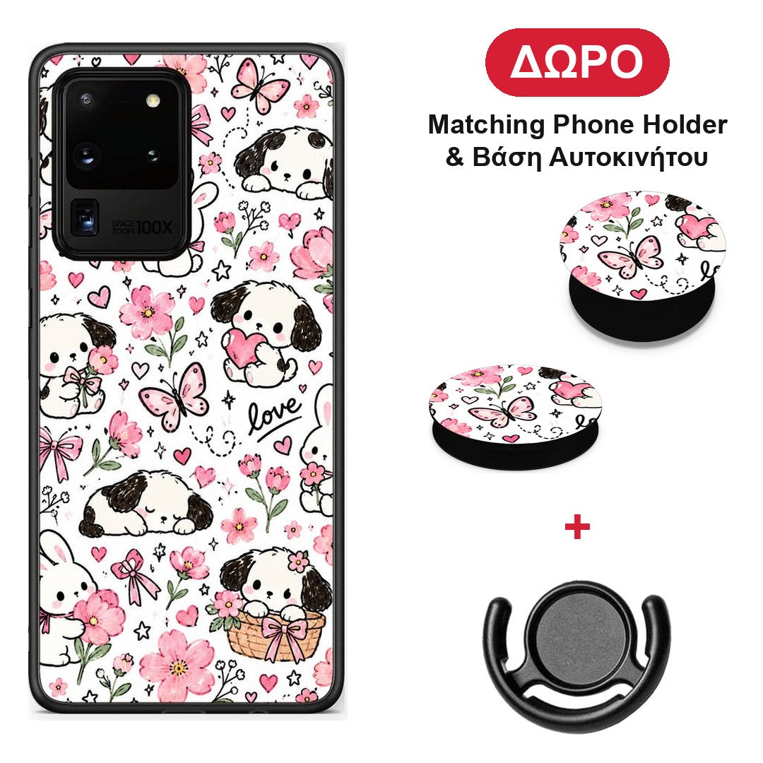 Pink Florals Puppies and Bunnies on White - Samsung Galaxy S20 Ultra θήκη + Δώρο Phone Holder & Βάση Αυτοκινήτου