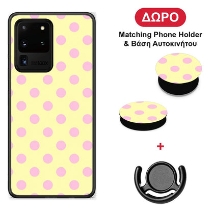 Pink Polka Dots on Yellow - Samsung Galaxy S20 Ultra θήκη + Δώρο Phone Holder & Βάση Αυτοκινήτου
