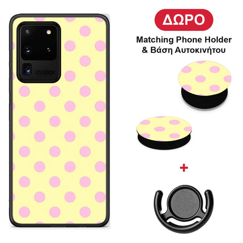 Pink Polka Dots on Yellow - Samsung Galaxy S20 Ultra θήκη + Δώρο Phone Holder & Βάση Αυτοκινήτου