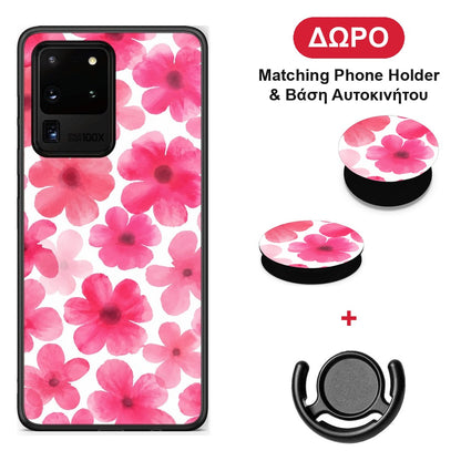 Pink Watercolour Flowers on White - Samsung Galaxy S20 Ultra θήκη + Δώρο Phone Holder & Βάση Αυτοκινήτου