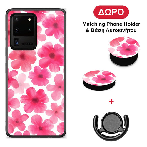Pink Watercolour Flowers on White - Samsung Galaxy S20 Ultra θήκη + Δώρο Phone Holder & Βάση Αυτοκινήτου