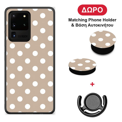 White Polka Dots on Taupe - Samsung Galaxy S20 Ultra θήκη + Δώρο Phone Holder & Βάση Αυτοκινήτου
