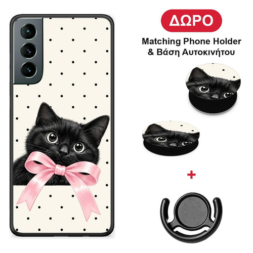 Black Kitten Pink Bow and Polka Dots - Samsung Galaxy S21 θήκη + Δώρο Phone Holder & Βάση Αυτοκινήτου