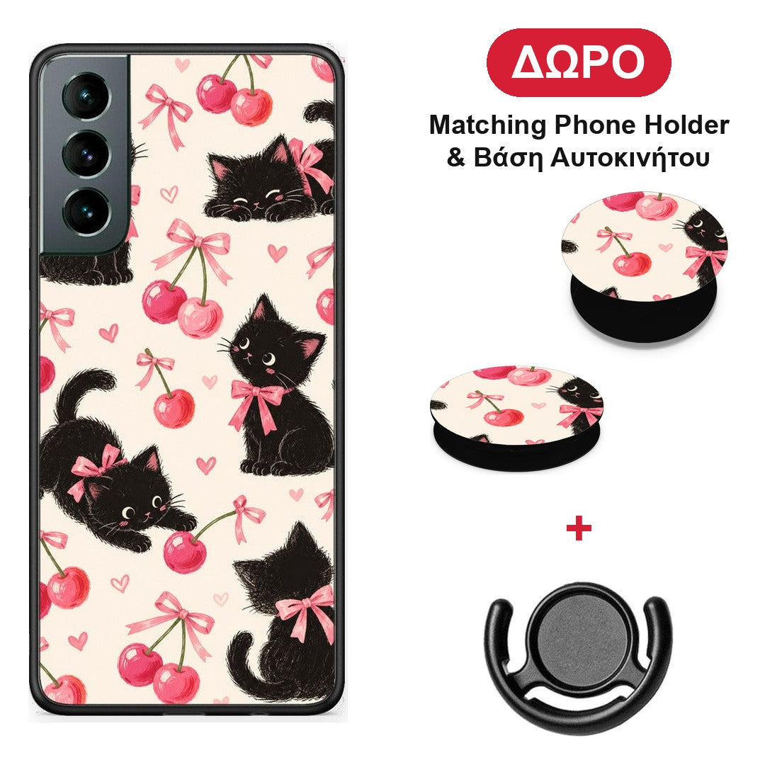Black Kittens and Cherries on Cream - Samsung Galaxy S21 θήκη + Δώρο Phone Holder & Βάση Αυτοκινήτου