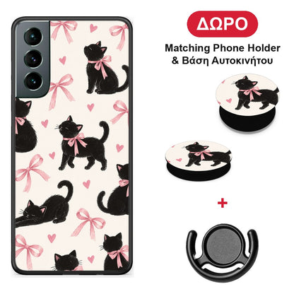 Black Kittens and Pink Bows on Cream Large - Samsung Galaxy S21 θήκη + Δώρο Phone Holder & Βάση Αυτοκινήτου