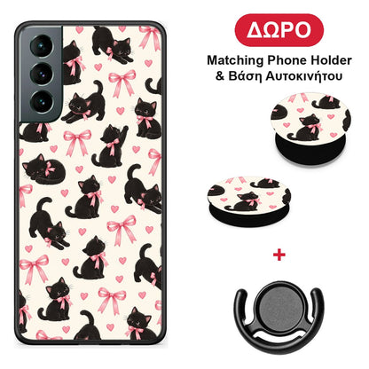 Black Kittens and Pink Bows on Cream Small - Samsung Galaxy S21 θήκη + Δώρο Phone Holder & Βάση Αυτοκινήτου