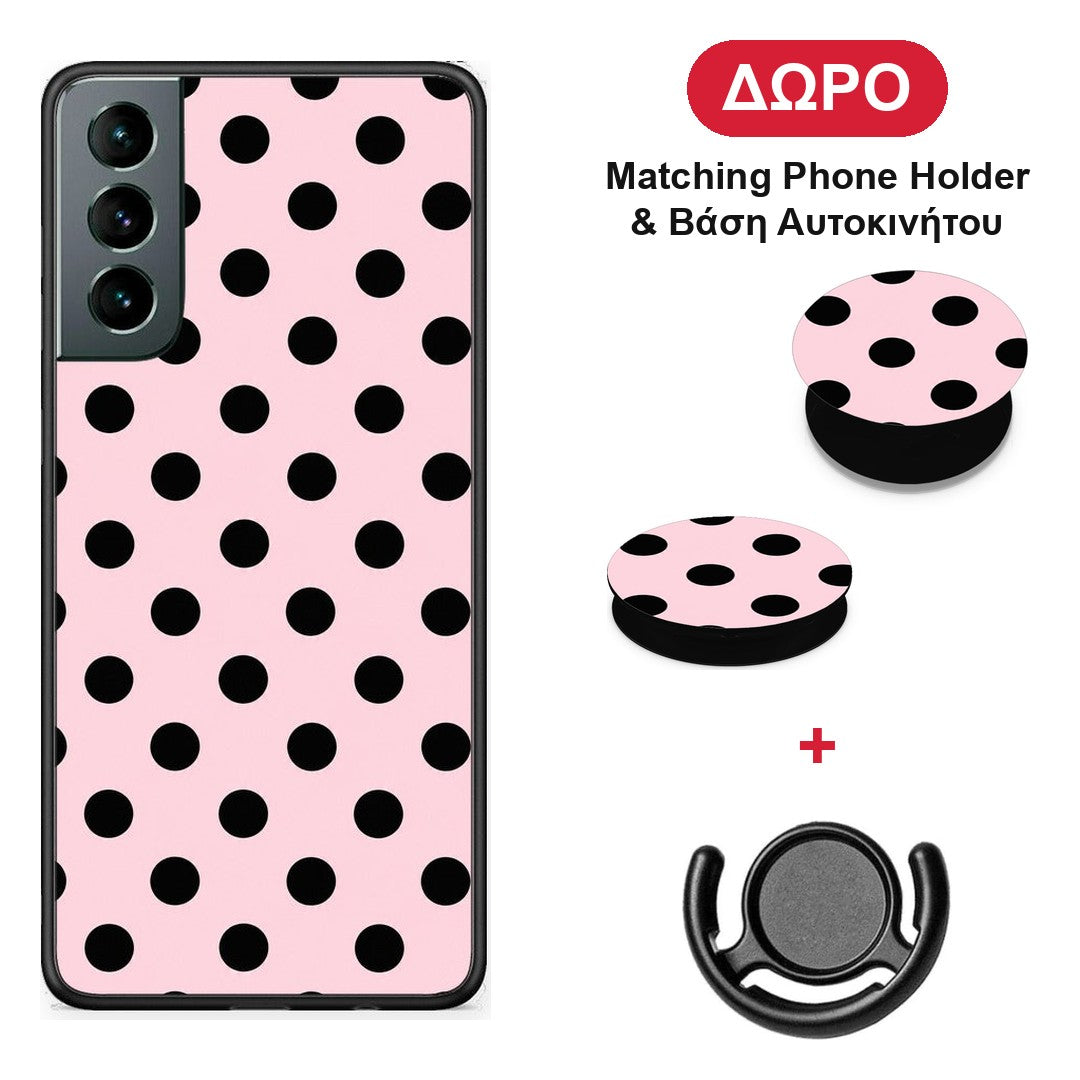 Black Polka Dots on Pink - Samsung Galaxy S21 θήκη + Δώρο Phone Holder & Βάση Αυτοκινήτου
