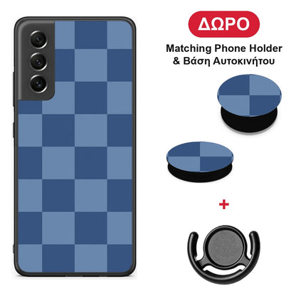 Denim Blue Checkerboard - Samsung Galaxy S21 FE θήκη + Δώρο Phone Holder & Βάση Αυτοκινήτου