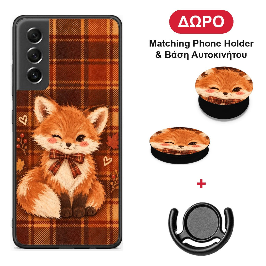 Fox on Autumn Tartan - Samsung Galaxy S21 FE θήκη + Δώρο Phone Holder & Βάση Αυτοκινήτου
