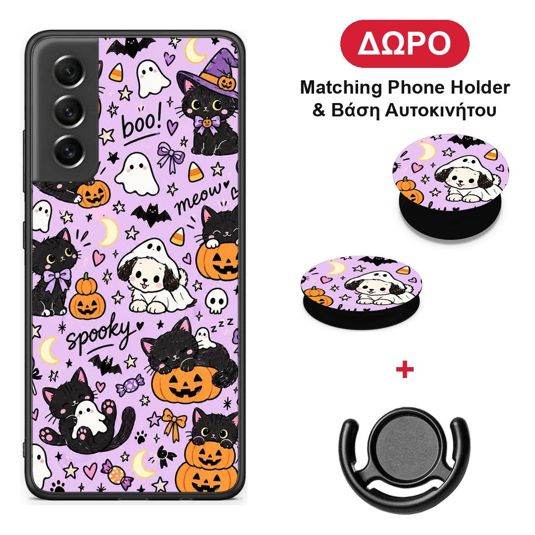 Halloween Black Cats on Lilac - Samsung Galaxy S21 FE θήκη + Δώρο Phone Holder & Βάση Αυτοκινήτου