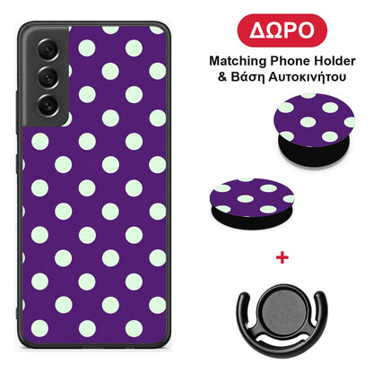 Mint Polka Dots on Purple - Samsung Galaxy S21 FE θήκη + Δώρο Phone Holder & Βάση Αυτοκινήτου