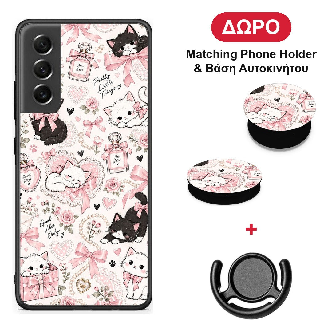 Pink Bows and Kittens Collage - Samsung Galaxy S21 FE θήκη + Δώρο Phone Holder & Βάση Αυτοκινήτου