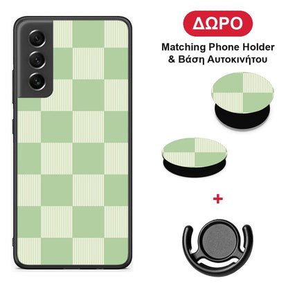 Sage and Cream Striped Checks - Samsung Galaxy S21 FE θήκη + Δώρο Phone Holder & Βάση Αυτοκινήτου