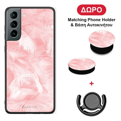 Boho Pink Feather - Samsung Galaxy S21 θήκη + Δώρο Phone Holder & Βάση Αυτοκινήτου
