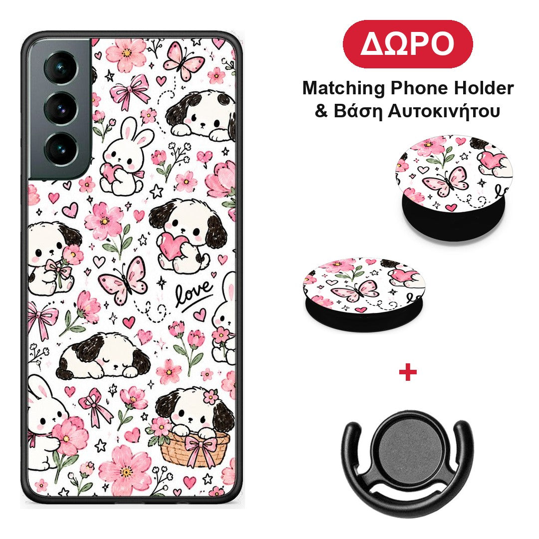 Pink Florals Puppies and Bunnies on White - Samsung Galaxy S21 θήκη + Δώρο Phone Holder & Βάση Αυτοκινήτου