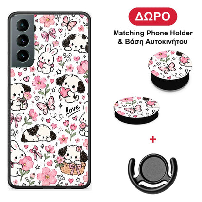 Pink Florals Puppies and Bunnies on White - Samsung Galaxy S21 θήκη + Δώρο Phone Holder & Βάση Αυτοκινήτου
