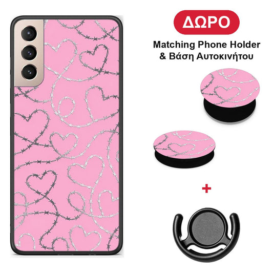 Barbed Wire Hearts on Pink - Samsung Galaxy S21+ θήκη + Δώρο Phone Holder & Βάση Αυτοκινήτου